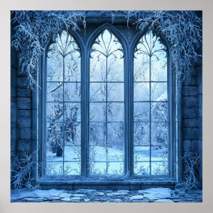 Fake frozen window landscape poster