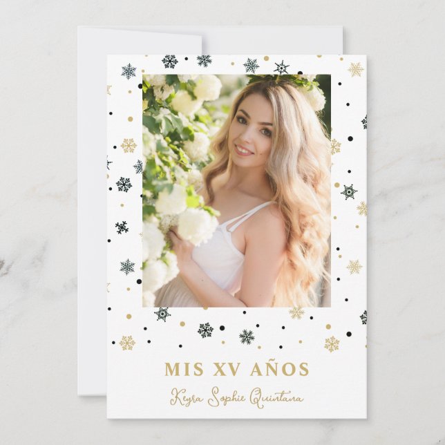 Fake Golden Snowflake Photo Quinceañera Spanish Invitation (Front)