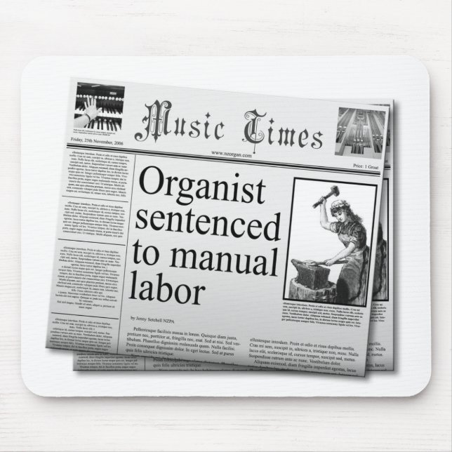Fake headlines about organist mouse mat (Front)