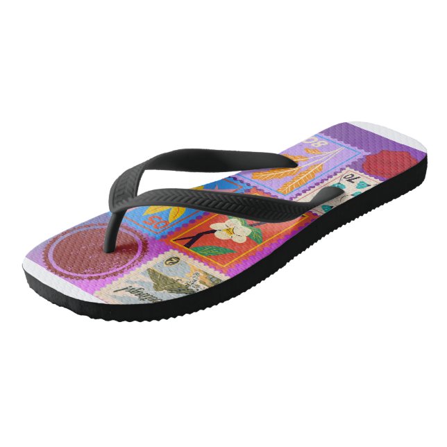 Fake Masterpiece Random Stamps Collage Collection Flip Flops (Angled)