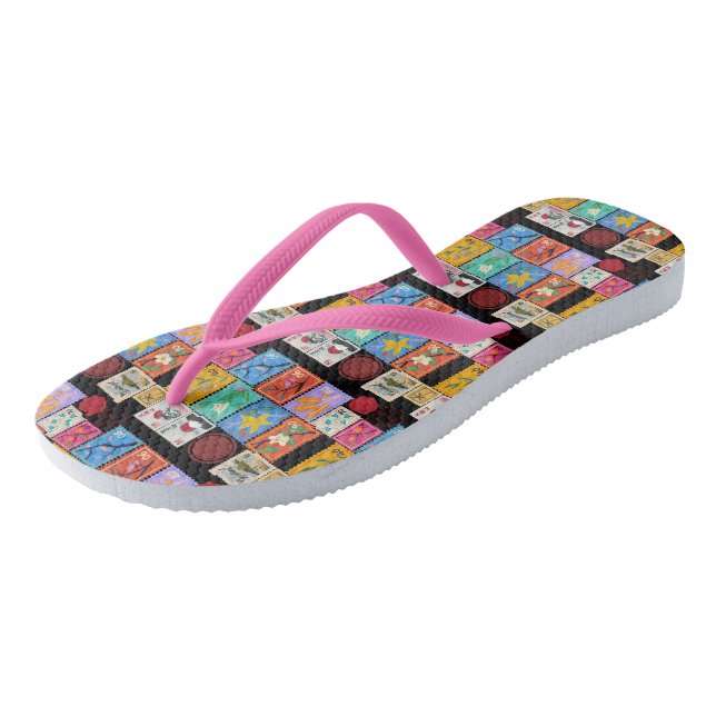 Fake Masterpiece Random Stamps Collage Collection Flip Flops (Angled)