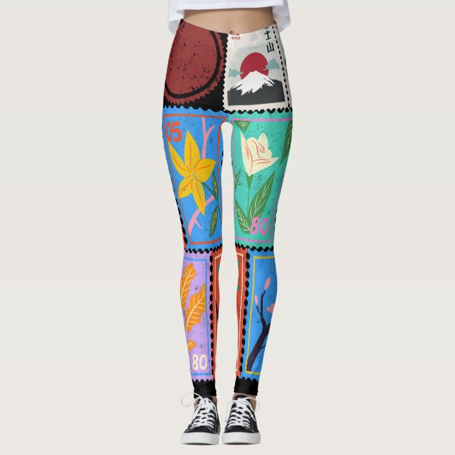 Fake Masterpiece Random Stamps Collage Collection Leggings (Front)