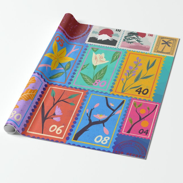 Fake Masterpiece Random Stamps Collage Collection Wrapping Paper (Unrolled)