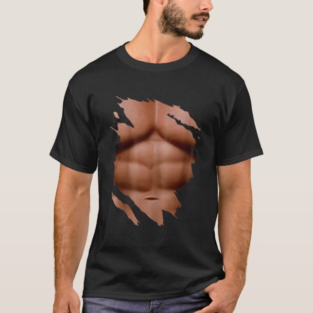 Fake Muscle Under Chest Six Pack Ripped Abs T-Shirt (Front)