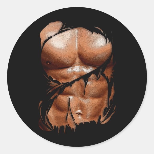 Fake Muscle Under Clothes Six Pack Ripped Abs Blac Classic Round Sticker (Front)