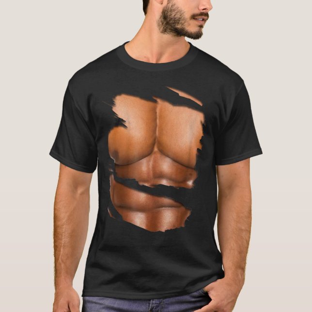 Fake Muscle Under Clothes Six Pack Ripped Abs Blac T-Shirt (Front)