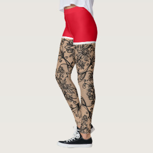 Fake-out Black Lace Flowers Red Shorts Leggings