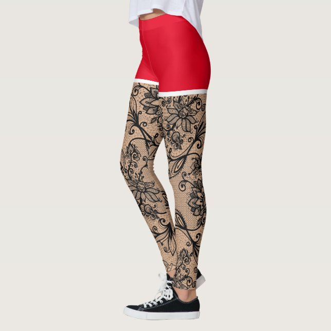 Fake-out Black Lace Flowers Red Shorts Leggings (Left)