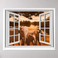 Fake Window Elephants At Sunset