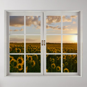 Fake Window Floral Sunflower Sunset  landscape Poster