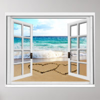 Fake Window Hearts In Sand Beach View
