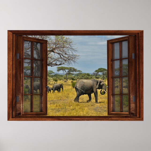 Fake Window Illusion - African Elephants Poster (Front)