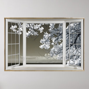 Fake Window Illusion - Ominous White Blossom View Poster