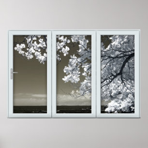 Fake Window Illusion - Ominous White Blossoms Post Poster