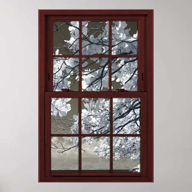 Fake Window Illusion Ominous White Flower Blossoms Poster (Front)