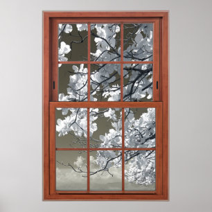 Fake Window IllusionOminous White Flower Blossoms  Poster