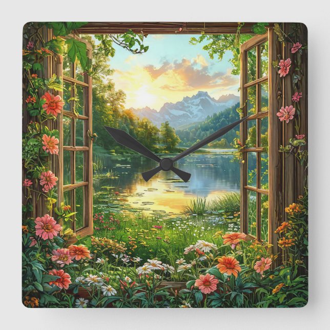 Fake window landscape Rustic Cabin Home Décor ⛰️🪟 Square Wall Clock (Front)