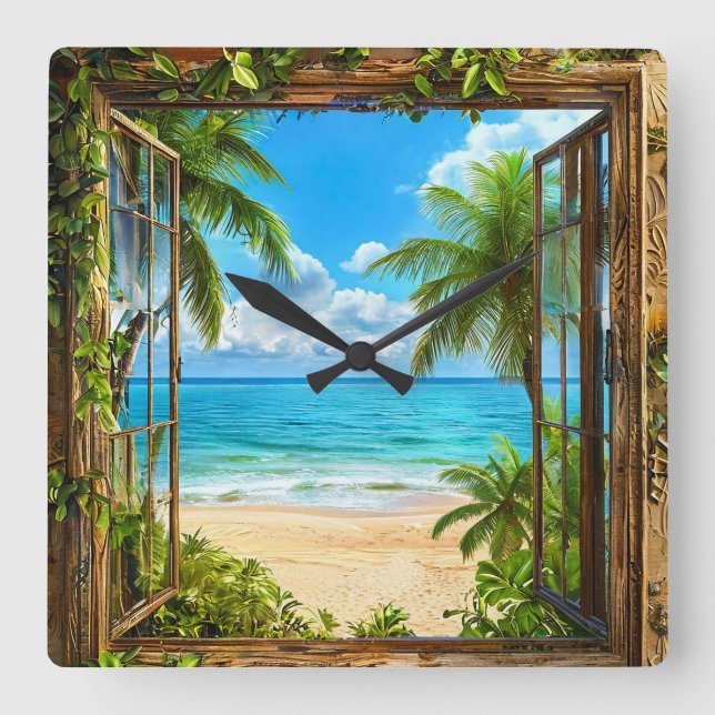 Fake window landscape square wall clock (Front)