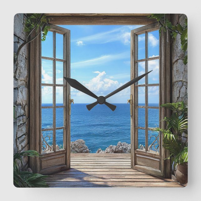 Fake window landscape square wall clock (Front)