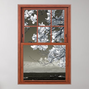Fake Window - Ominous White Flower Blossoms  Poster