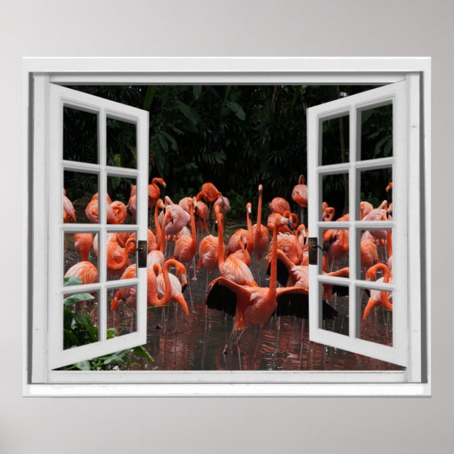 Fake Window View Pink Flamingos  Poster (Front)