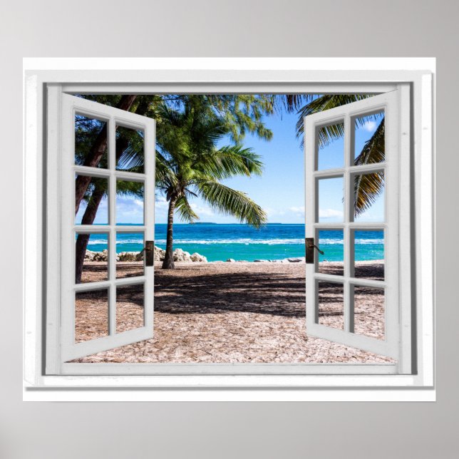 Fake Window With Palm trees on Beach Ocean View Poster (Front)