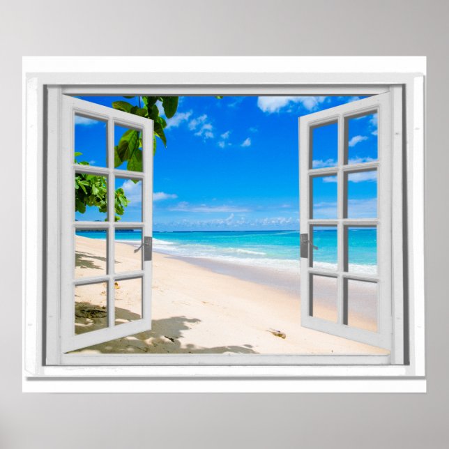 Fake Window With Tropical Beach Ocean View Poster (Front)