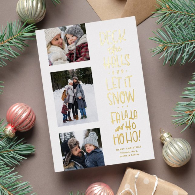 Falala Hohoho cute fun three photo Christmas Foil Holiday Card (Creator Uploaded)