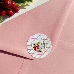 Falala Pastel Chequered Pattern Christmas Photo Classic Round Sticker