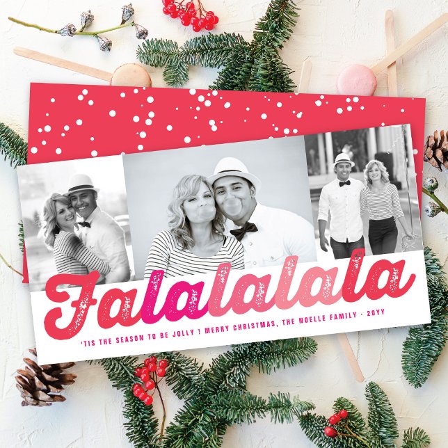 Falalalala Pink Ombre Script Fun Christmas 3 Photo Holiday Card (Creator Uploaded)
