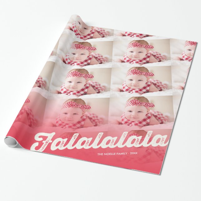 Falalalala Red Ombre Christmas Photo Collage Wrapping Paper (Unrolled)