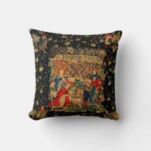 FALCONS BATH Red Blue Antique Mediaeval Tapestry Cushion