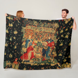 FALCONS BATH Red Blue Antique Mediaeval Tapestry Fleece Blanket