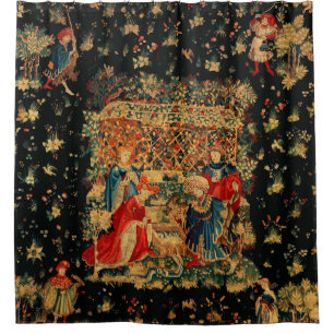 FALCONS BATH Red Blue Antique Mediaeval Tapestry  Shower Curtain