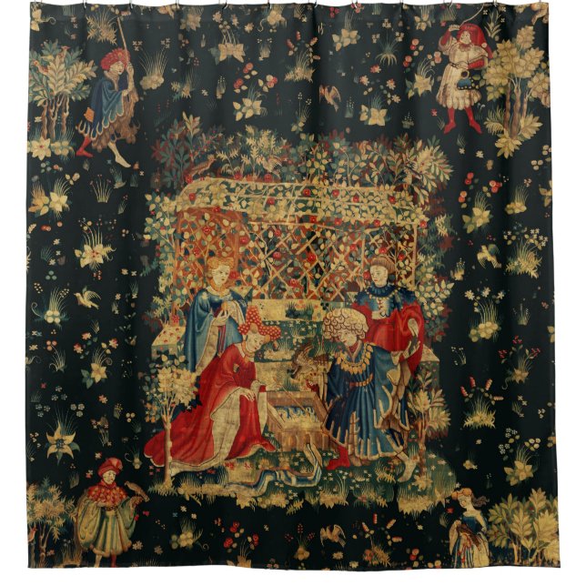 FALCONS BATH Red Blue Antique Mediaeval Tapestry  Shower Curtain (Front)