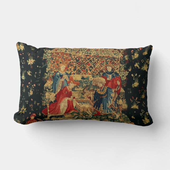 FALCONS BATH Red Blue Antique Mediaeval Tapestry T Lumbar Cushion (Front)