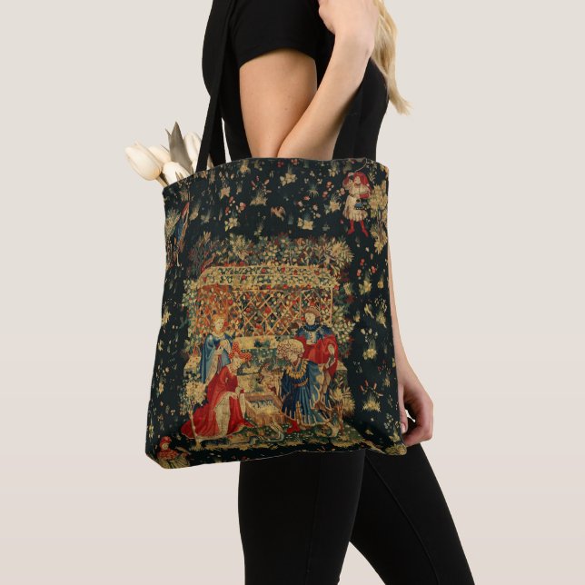 FALCONS BATH Red Blue Antique Mediaeval Tapestry Tote Bag (Close Up)