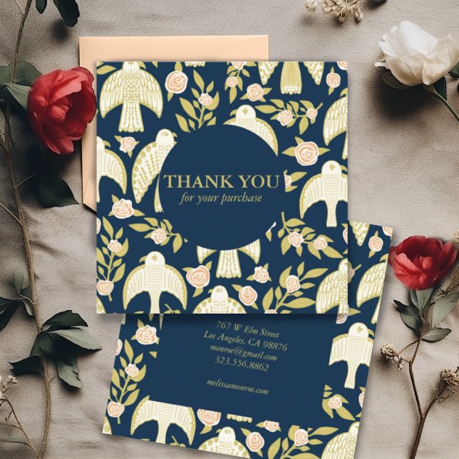 Falcons & Roses Chic Elegant Order Thank You  Square Business Card (Pretty thank you business cards with a falcon and roses design)