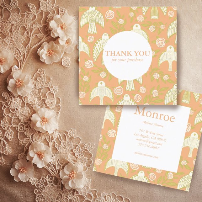Falcons & Roses Chic Elegant Order Thank You  Square Business Card (Custom order thank you card with birds and botanicals design)