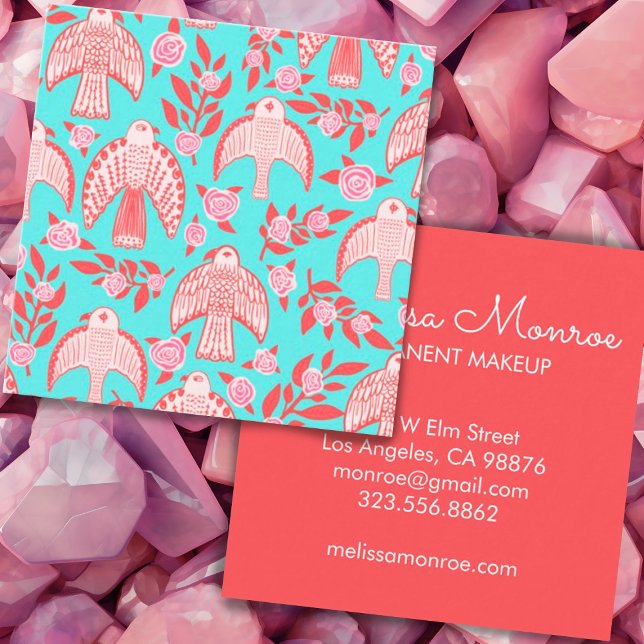 Falcons & Roses Elegant Boho Aqua Pink Square Business Card (Creator Uploaded)