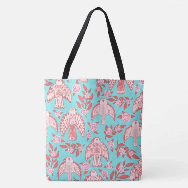 Falcons & Roses Elegant Illustrated Blue Pink Tote Bag (Front)