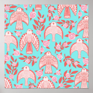 Falcons & Roses Pattern Blue Pink Poster