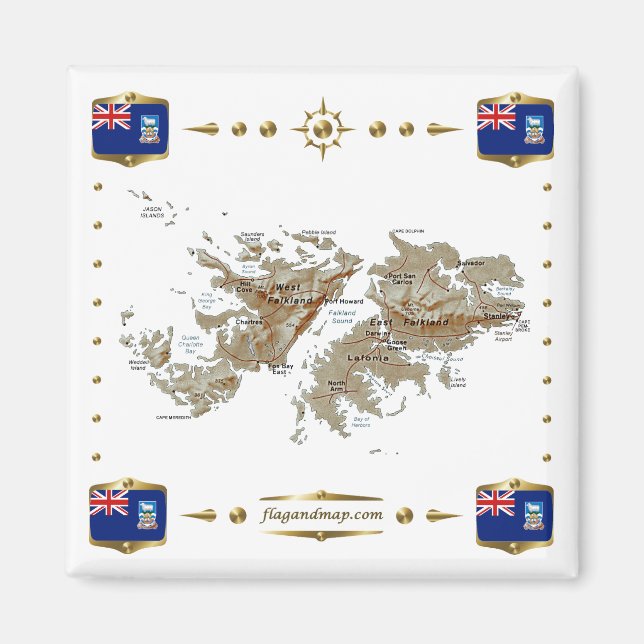 Falkland Islands Map + Flags Magnet (Front)