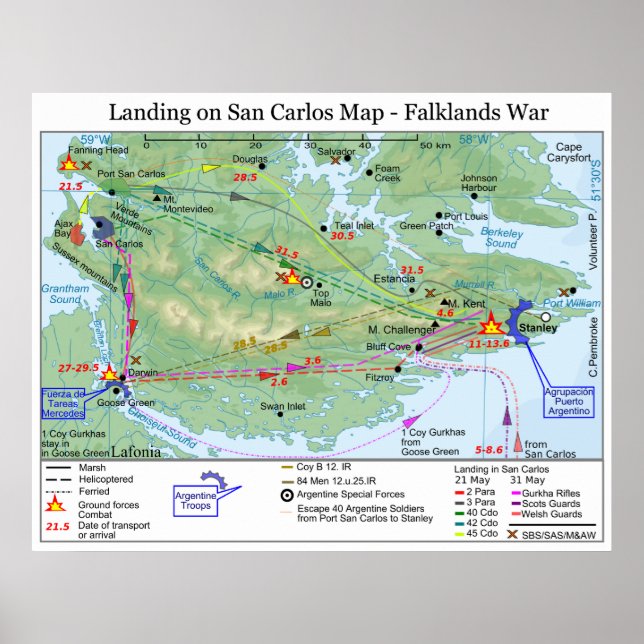 Falkland War Landing in San Carlos Map Poster (Front)