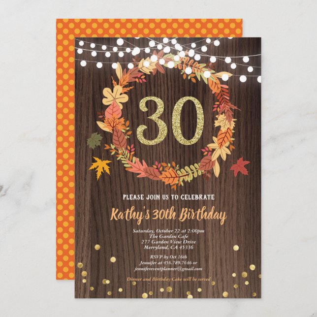 Fall 30th birthday rustic wood Thanksgiving wreath Invitation (Front/Back)
