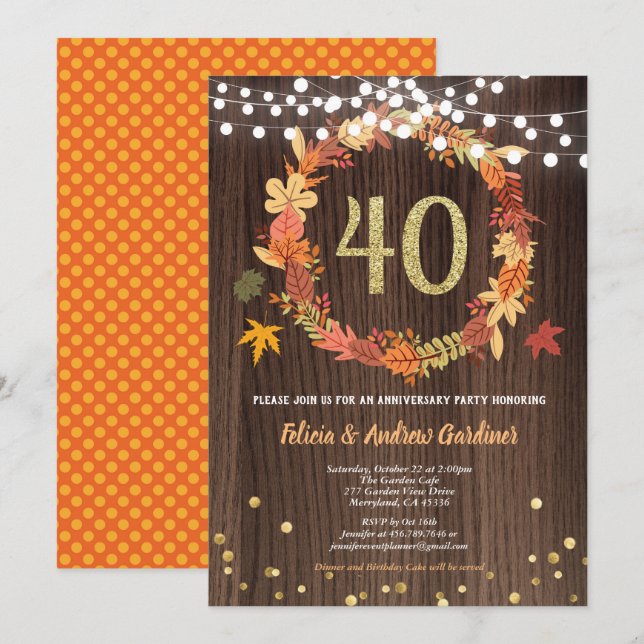 Fall 40th wedding anniversary Thanksgiving wood Invitation (Front/Back)