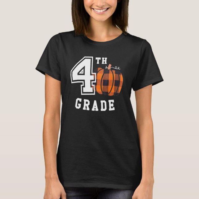 Fall 4th Grade Teacher Buffalo Plaid Pumpkin Women T-Shirt (Front)