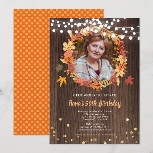 Fall 50th birthday photo invite wreath wood (Front/Back)