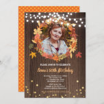 Fall 50th birthday photo invite wreath wood<br><div class="desc">Elegant,  chic and cheers 50th birthday photo invitation. 
Occasion: Birthday,  Anniversary
Theme: Fall,  Autumn,  Thanksgiving season 
Style: Elegant,  Cheerful
Colours: Brown,  Orange,  Autumn Palette,  Gold
Graphics: Thanksgiving Wreath,  Autumn Leaves,  Maple Leaf,  Faux Gold,  Confetti,  Rustic Brown Wood.
Perfect for ladies,  adults</div>