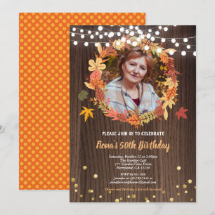 Fall 50th birthday photo invite wreath wood